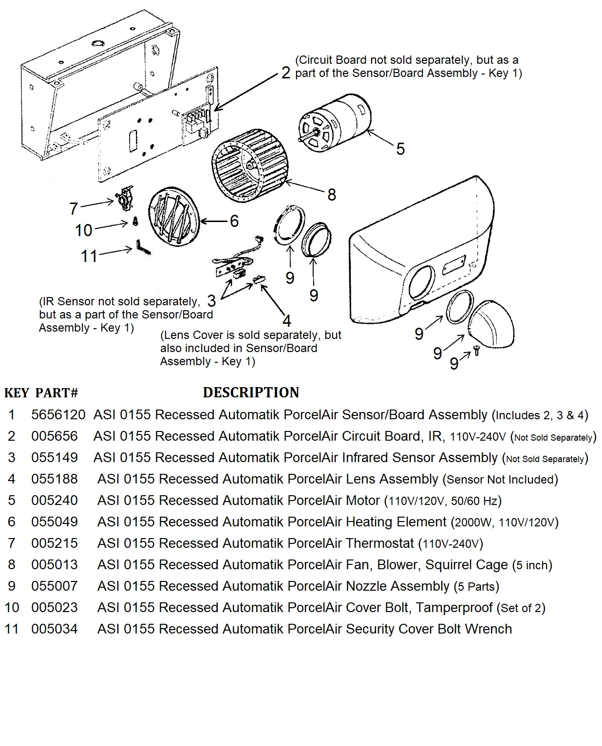 ASI 0155 Recessed PORCELAIR (Cast Iron) AUTOMATIK (110V/120V) INFRARED SENSOR and IR CIRCUIT BOARD ASSEMBLY (Part# 5656120)