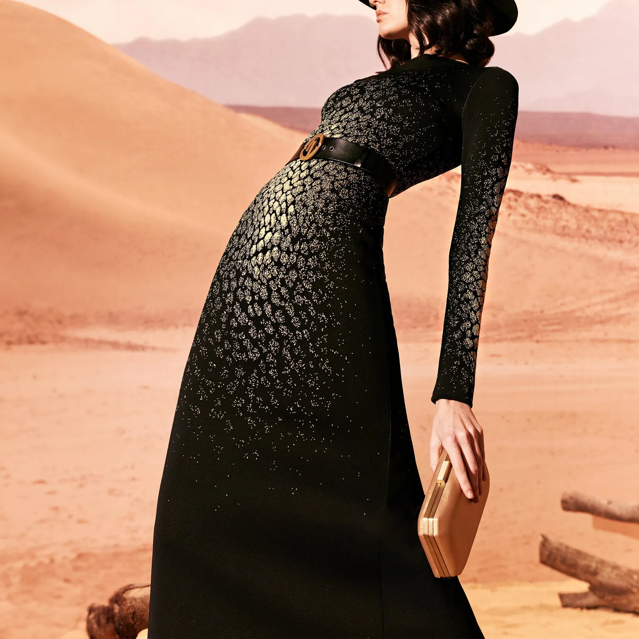 Black Knitted Midi Dress With Gold Accents