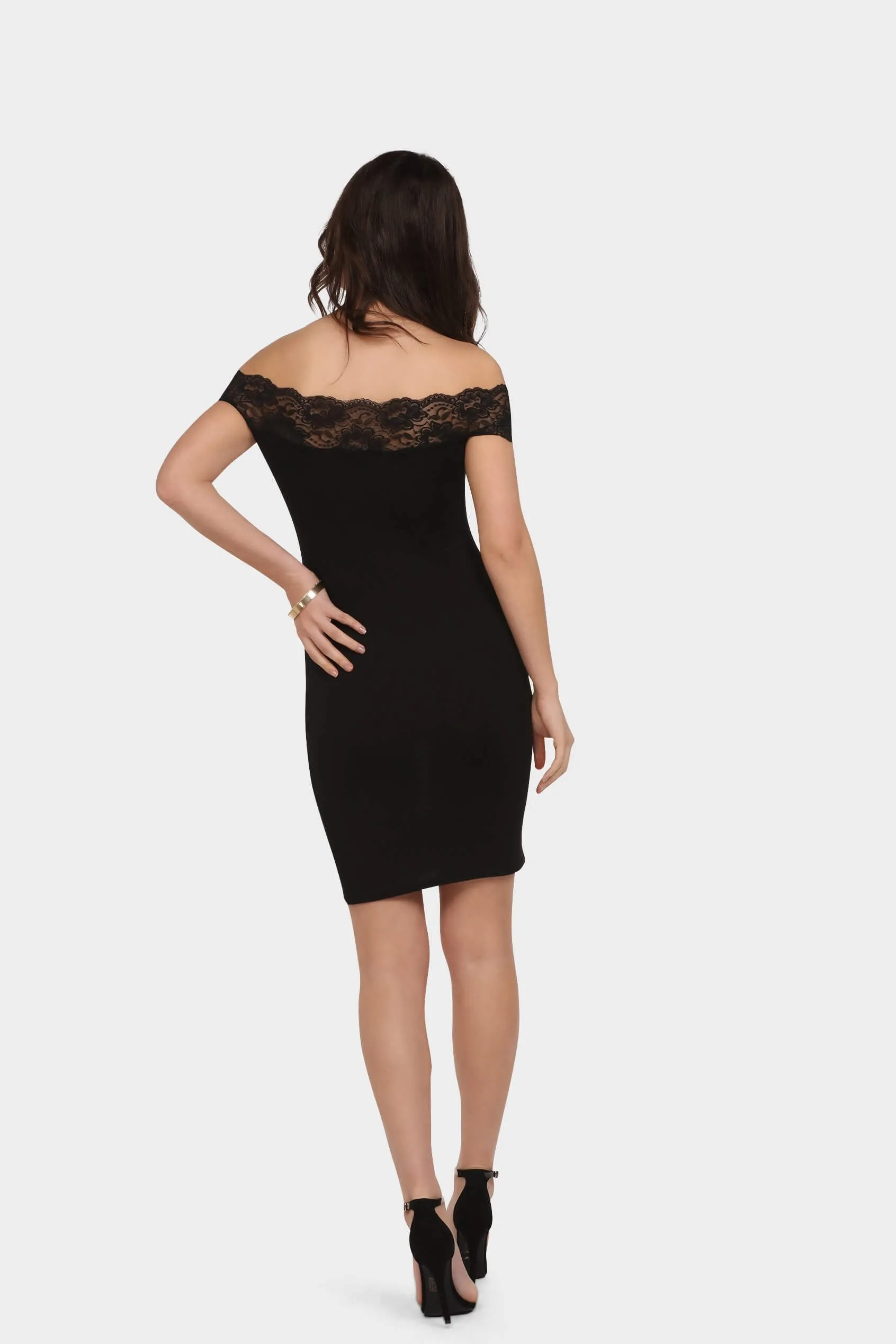 Black Lace Off Shoulder Bardot Mini Dress