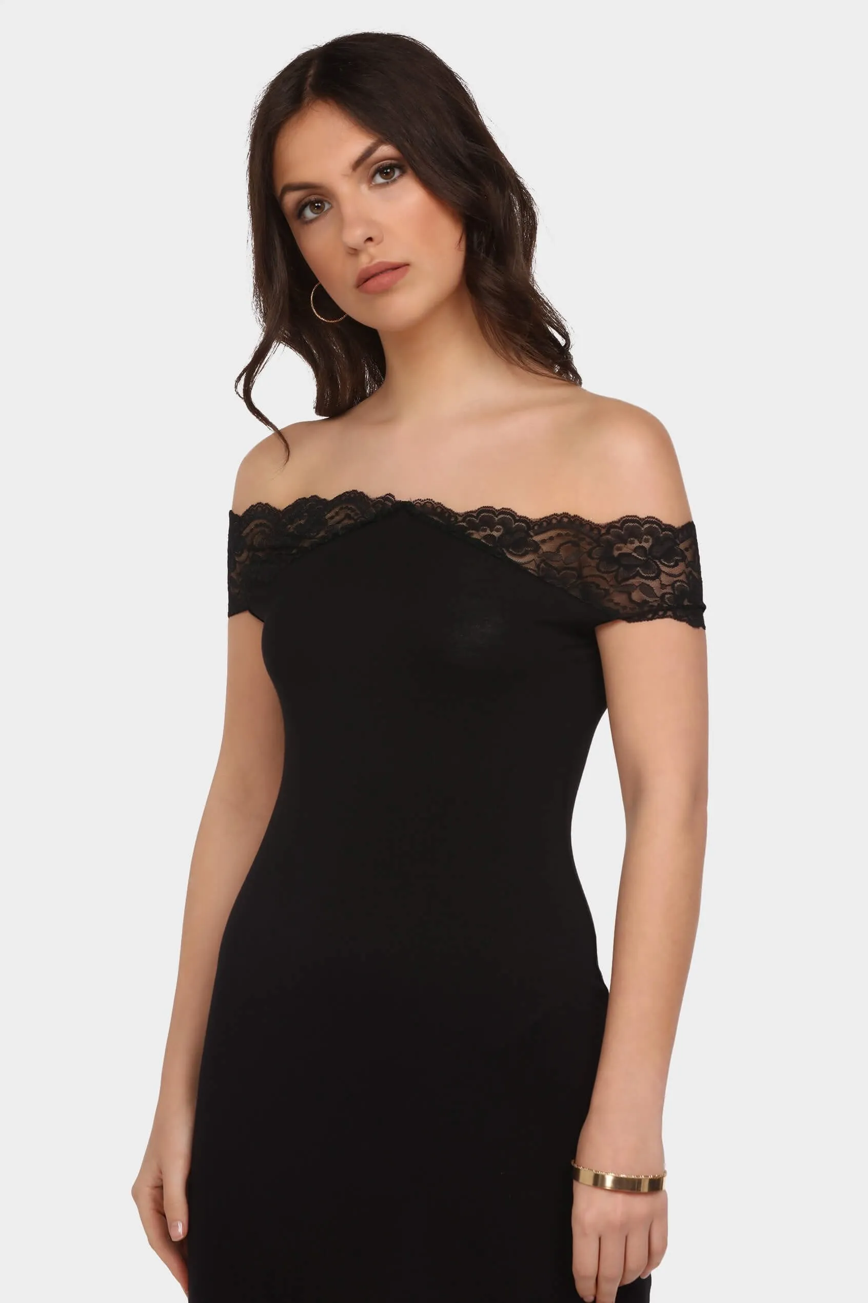 Black Lace Off Shoulder Bardot Mini Dress