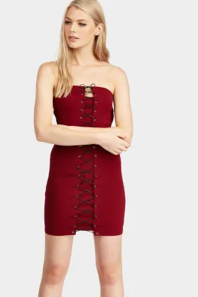 Burgundy Lace Up Front Boob Tube Dress