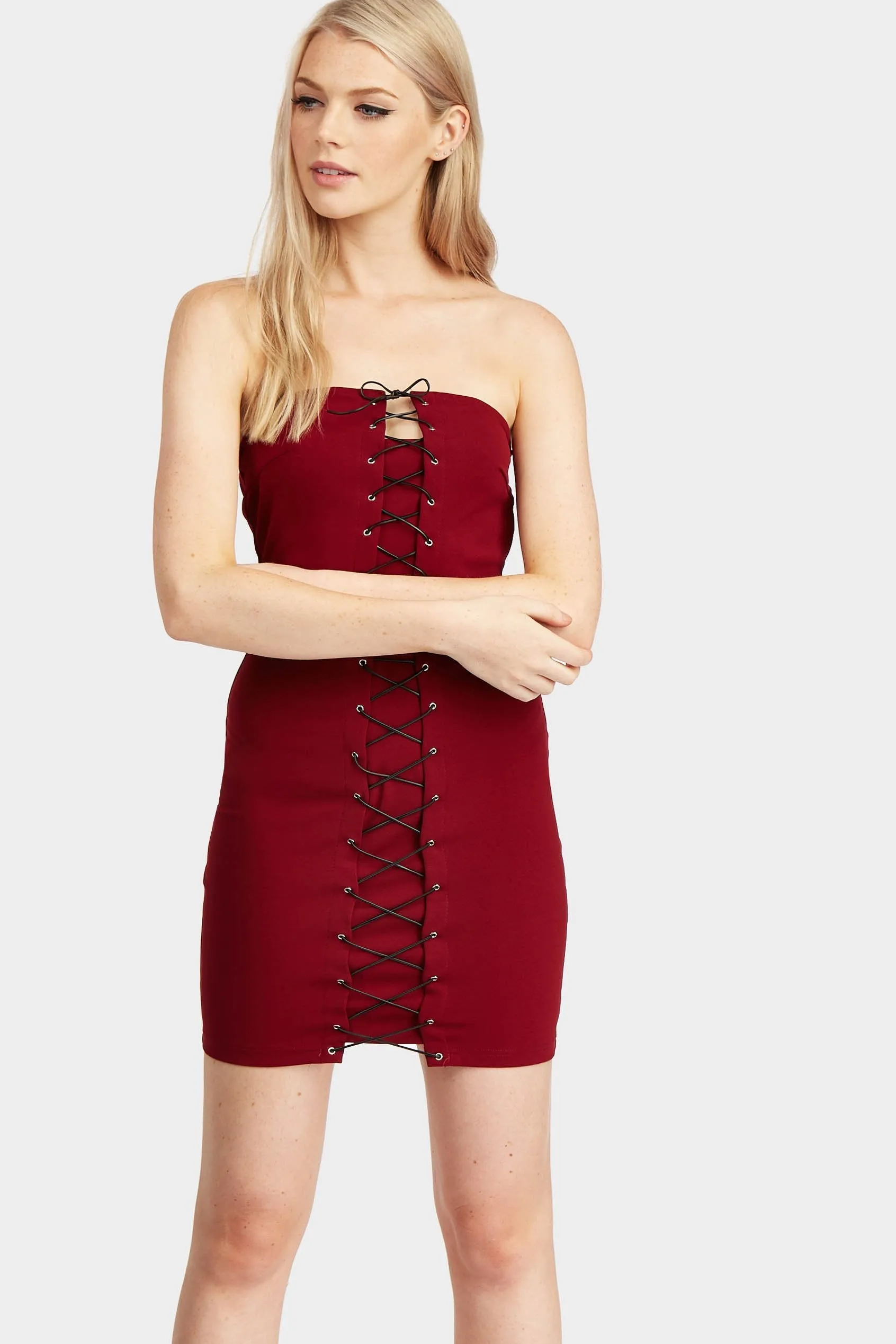 Burgundy Lace Up Front Boob Tube Dress