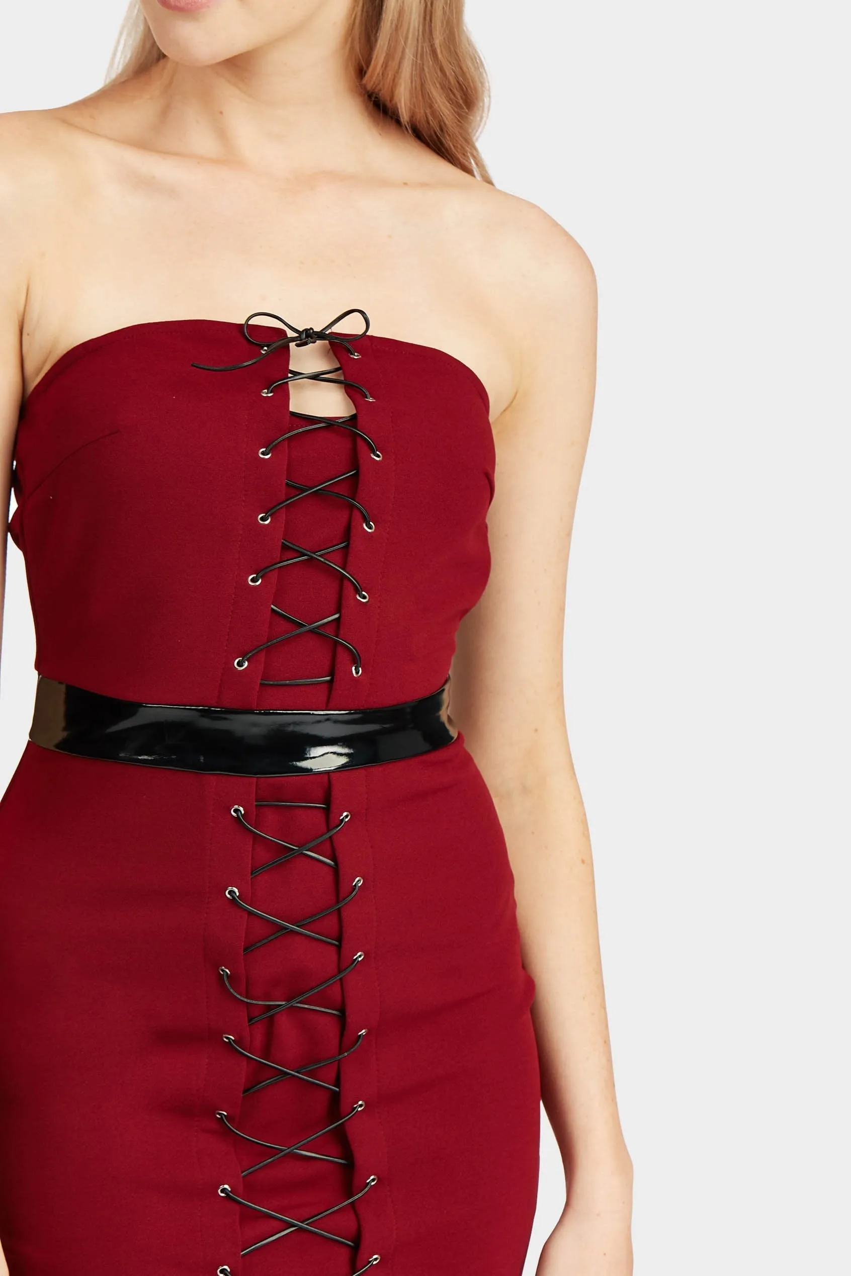 Burgundy Lace Up Front Boob Tube Dress