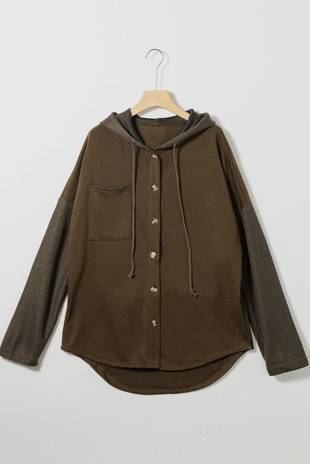 Dark Brown Button Up Contrast Knitted Sleeves Hooded Jacket