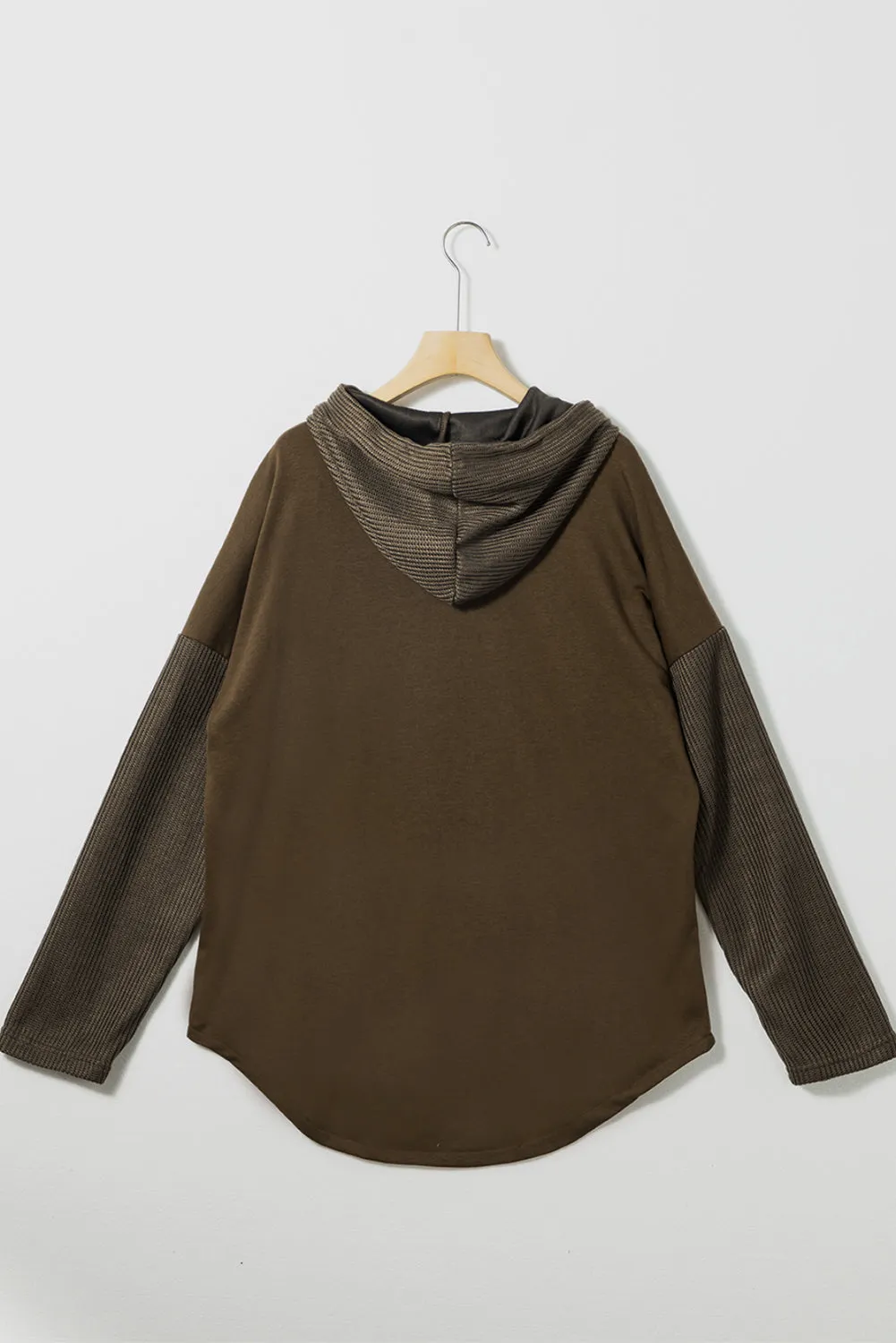 Dark Brown Button Up Contrast Knitted Sleeves Hooded Jacket