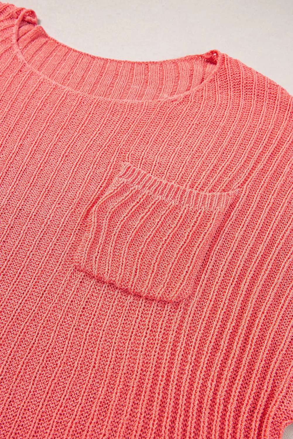 Fresh Salmon Rolled Cuffs Loose Knit Tee with Slits