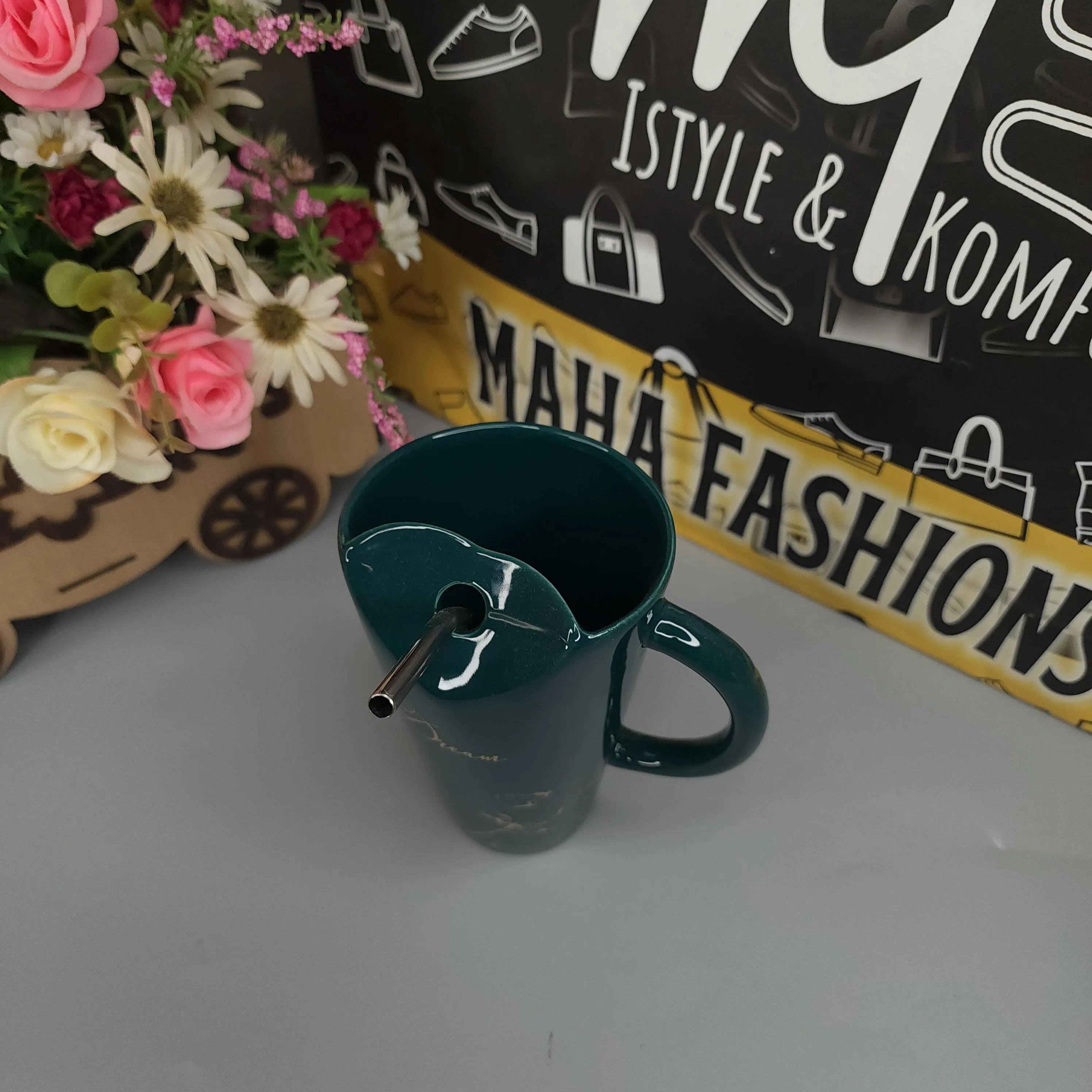 Green Ceramic Mug with Steel Straw