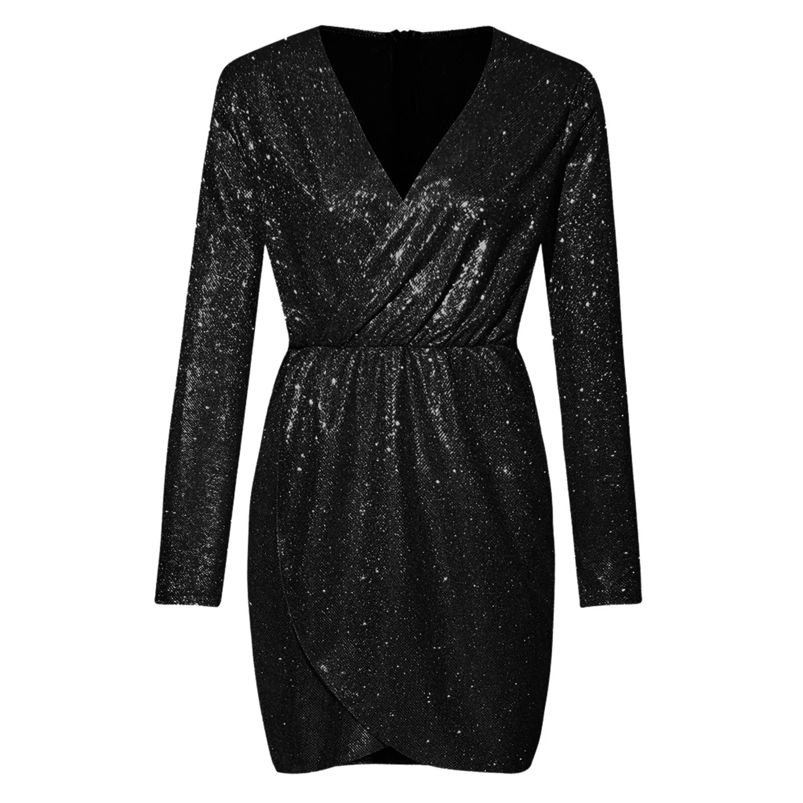 Sequin Dress Women Deep V Neck Wrap Ruched Spring Long Sleeve Skinny Dress  Autumn Party Nightclub Dress Vestidos Ladies