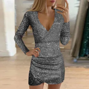 Silver Sequins Party Dress Women Sexy Glitter Fabric V Neck Long Sleeve Dresses Slim Elegant Ladies Night Club Dress Vestidos