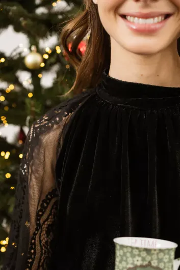 Velvet Blouse with Lace Sleeves