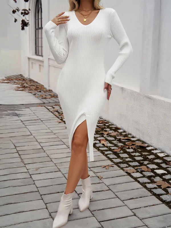 Women's Ribbed V-Neck Knitted Midi Dress With Long Sleeves and Front Split